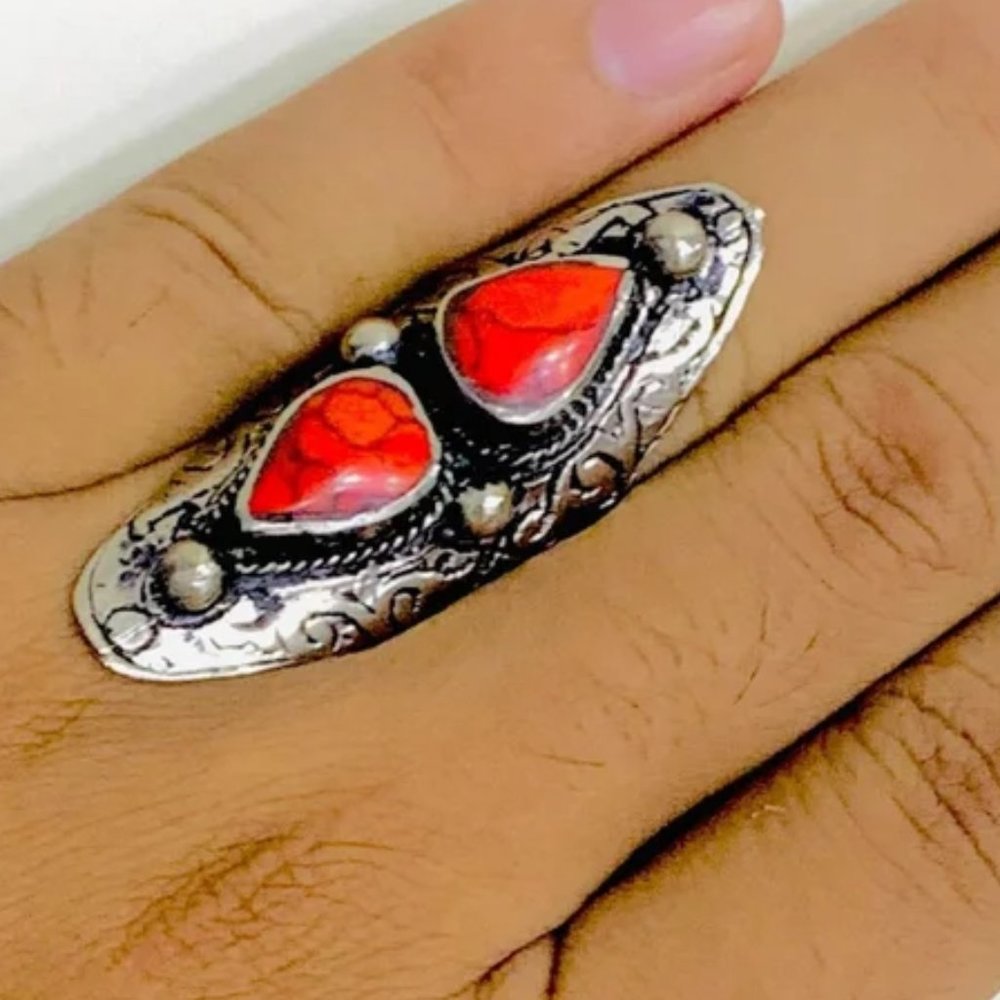 Kuchi Dual Red Stone Ring: Tribal Ethnic Bohemian Jewelry - Picture 2 of 8